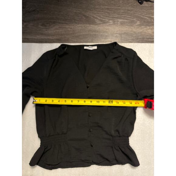Topshop Black V-Neck Buttondown Smocked Peplum Top 2 Peasant Boho Classic Casual - Picture 7 of 12